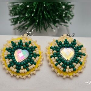 Handmade Yellow Green White Beaded Heart Crystal Dangle Earrings Artisan Boho